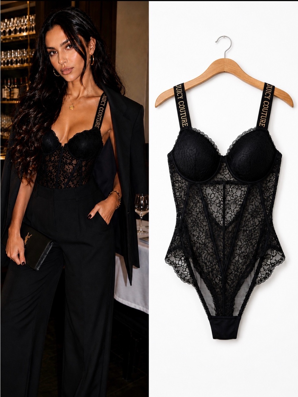 Juicy Couture Black Lace Push-Up Bodysuit Studded Logo Straps M